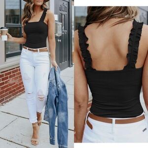 Imysty Women's Square Neck Ruffle Strap Stretchy Ribbed‎ Basic Bodysuit Size M